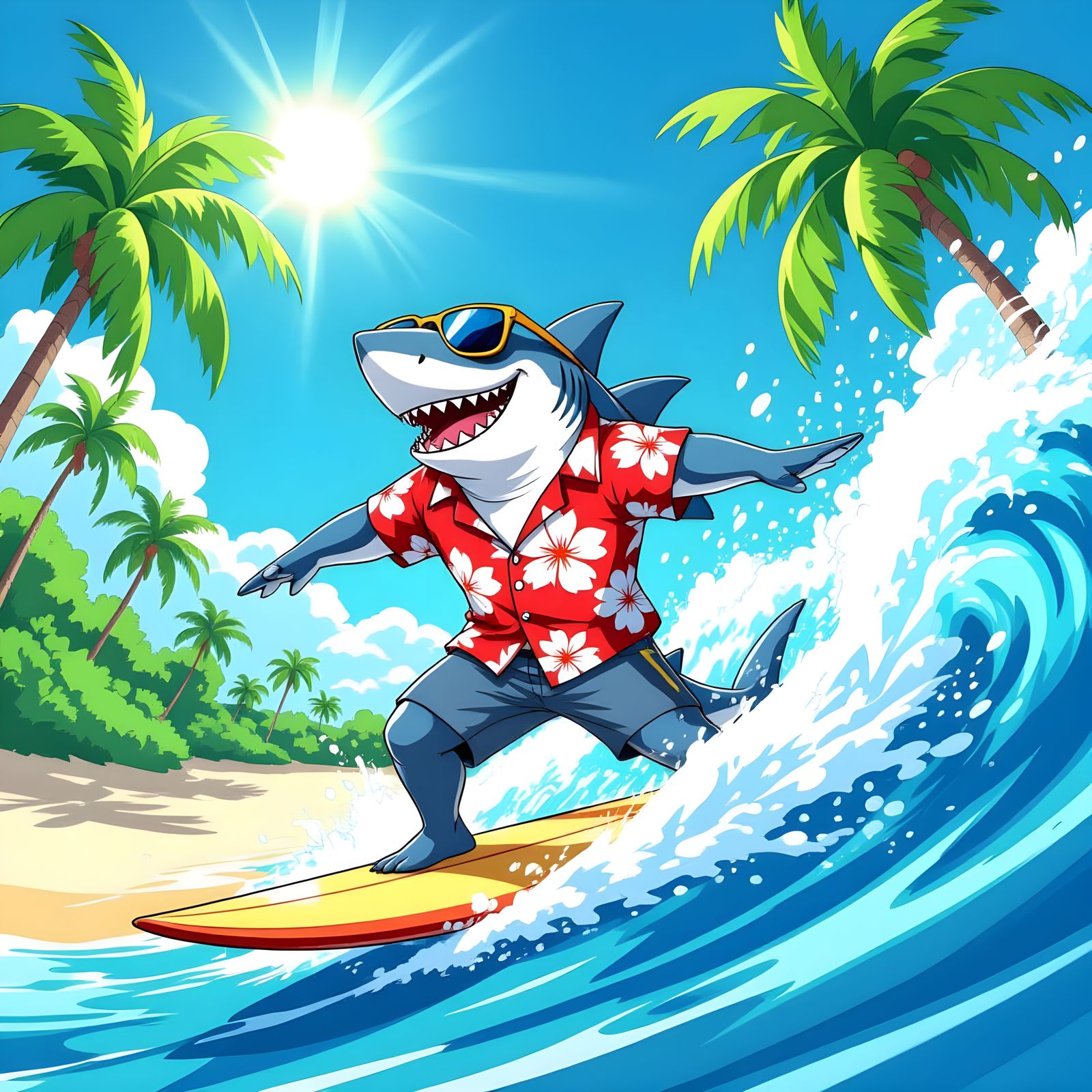 Shark Surfing a Tropical Wave in Cartoon Style