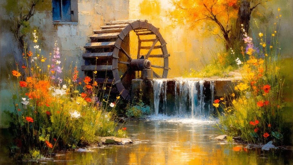 Waterwheel in Sunlight: Impressionist Oil Painting
