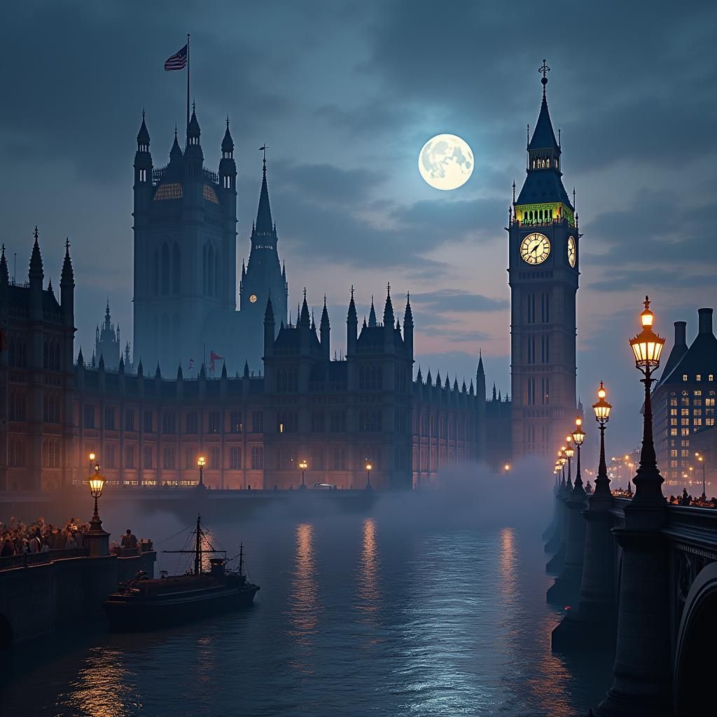 Moonlit Victorian London Cityscape with Steampunk Airships