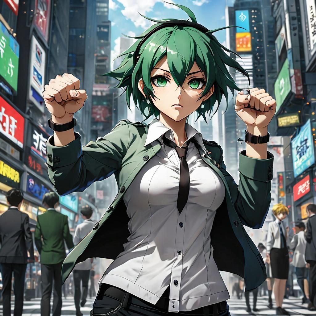 Hyperrealistic Anime Goddess with Glowing Green Hair