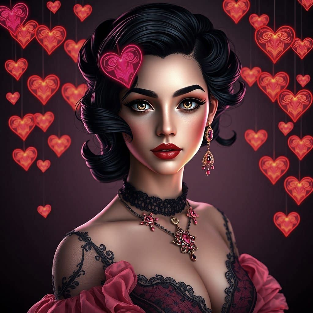 Stunning Woman in Hearts-Inspired Gothic Elegance