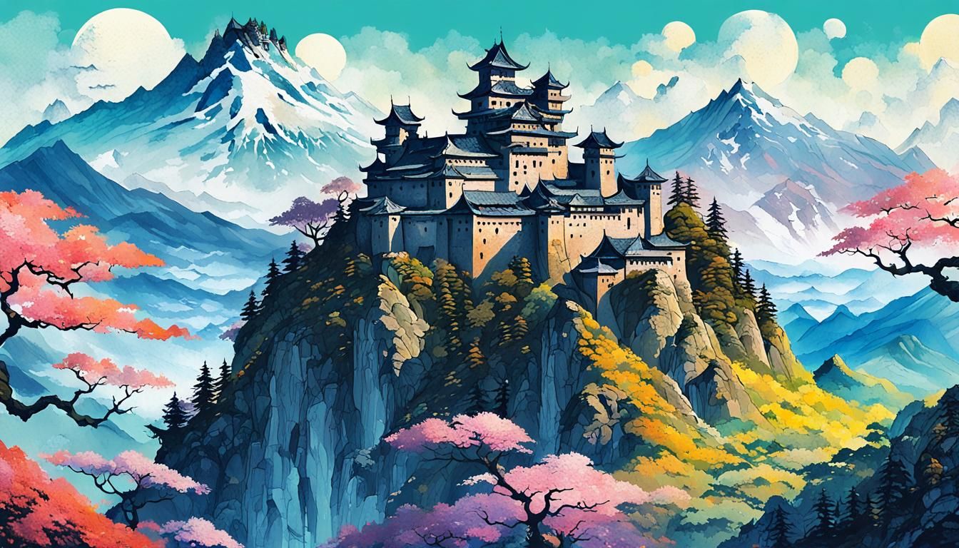 Majestic Castle in Spring Mountain Landscape