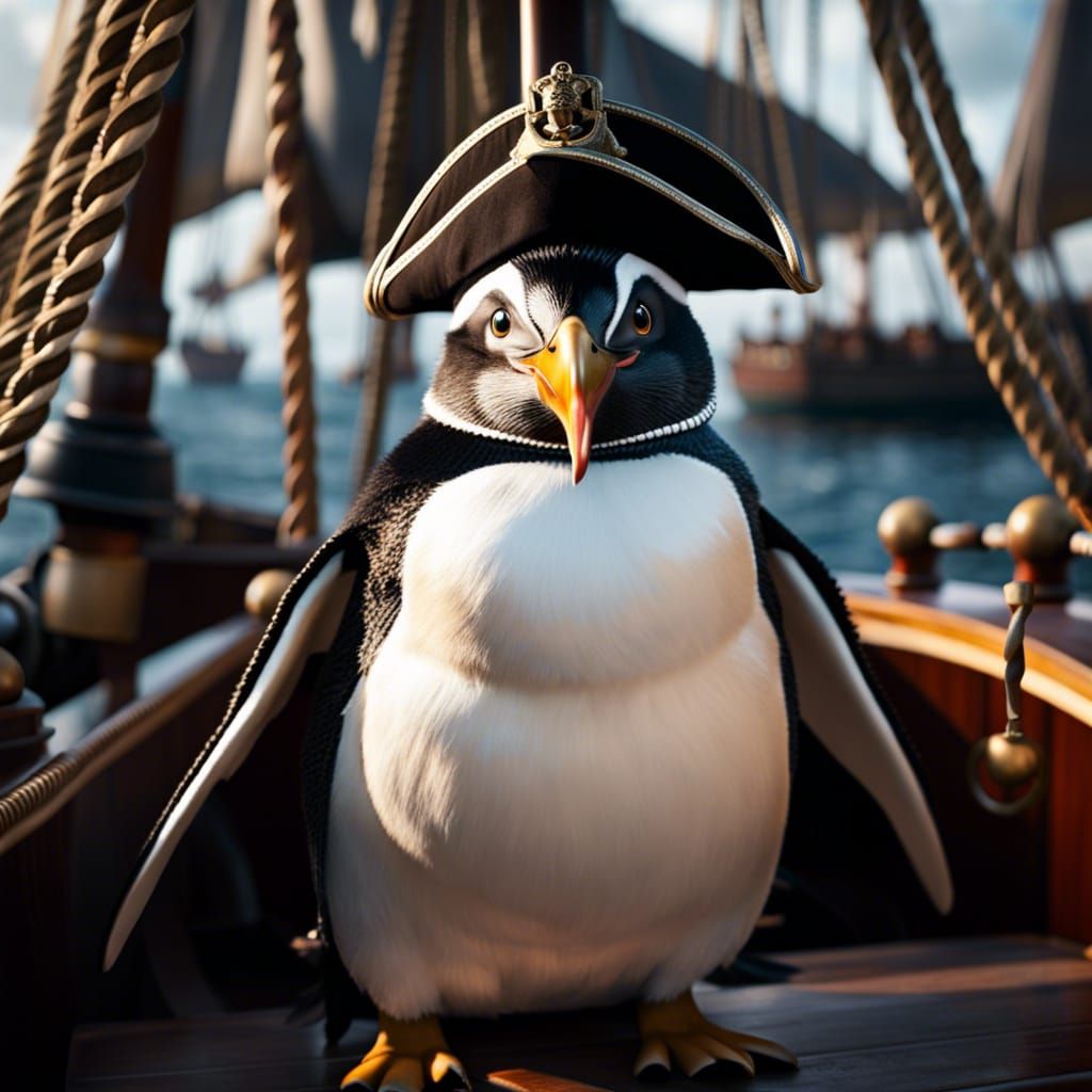 Penguin Pirate on Ship: Photorealistic Rendering