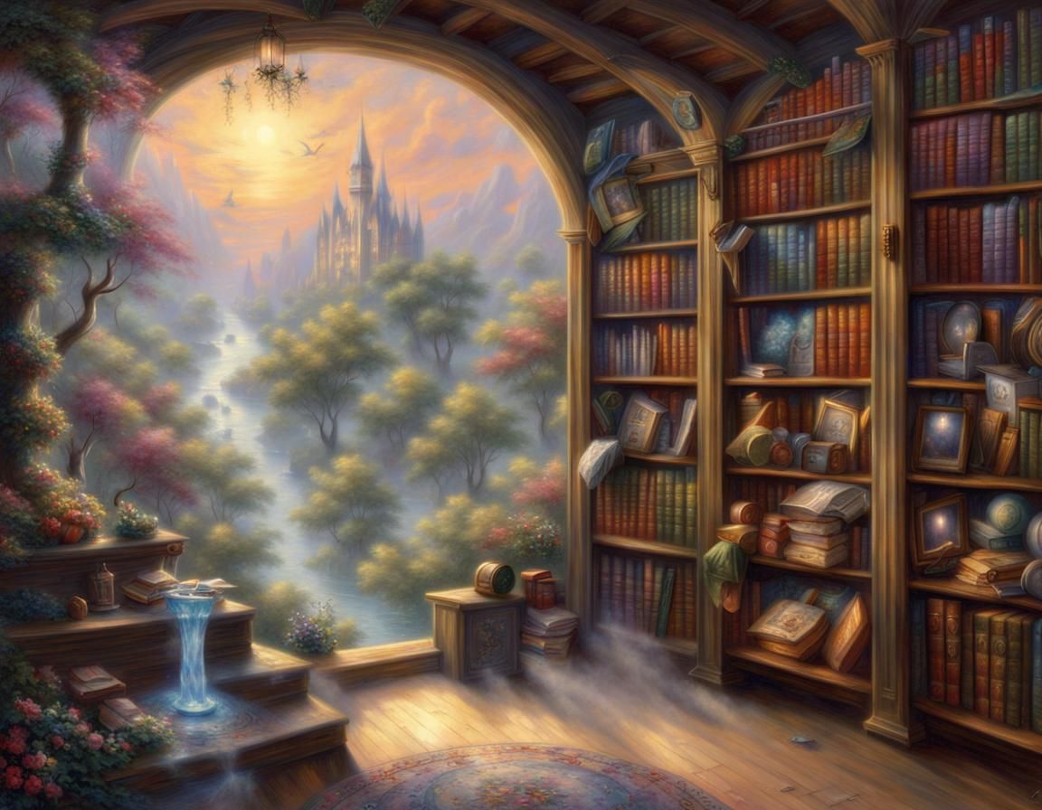 Ethereal Fantasy Bookshelf in Kinkade Style
