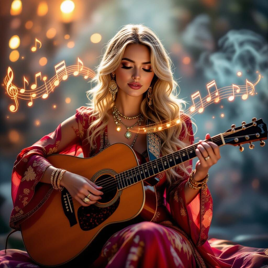 Blonde Woman Plays Guitar Amidst Glowing Musical Notes