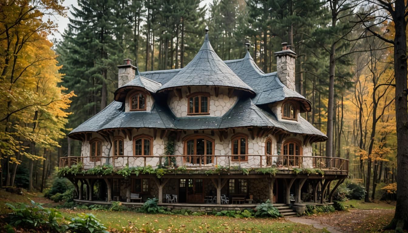 Quaint Cottage with Curvy Roof in Woods