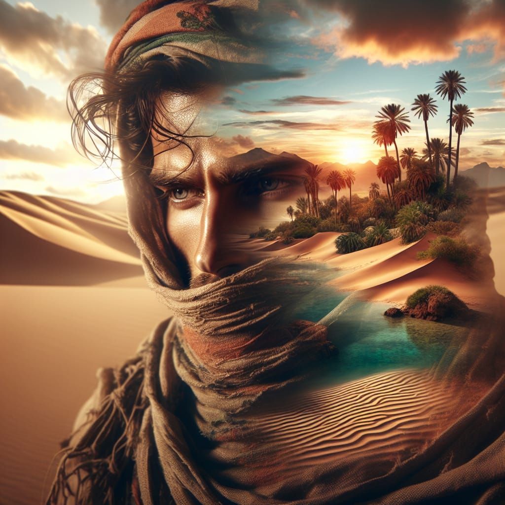 Desert Traveler's Oasis Dream: A Double Exposure