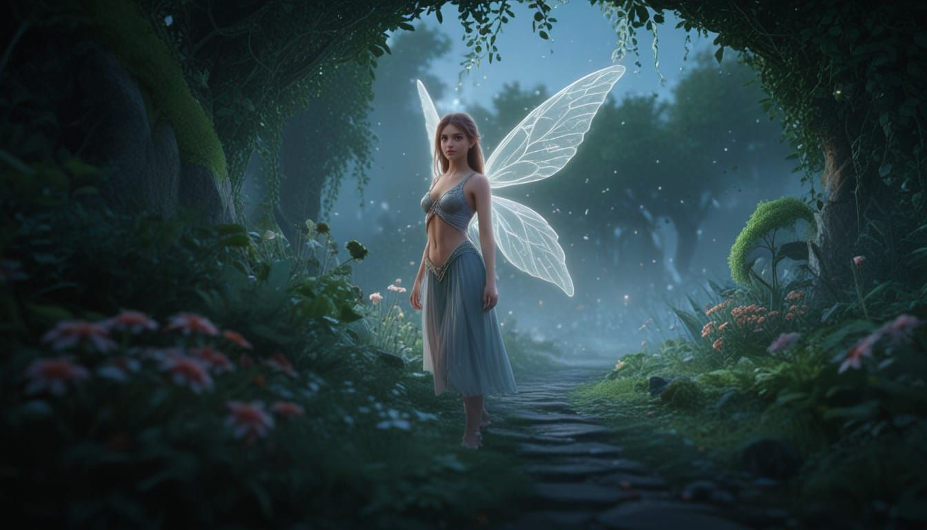 Mysterious Fairy in Lush Garden at Twilight