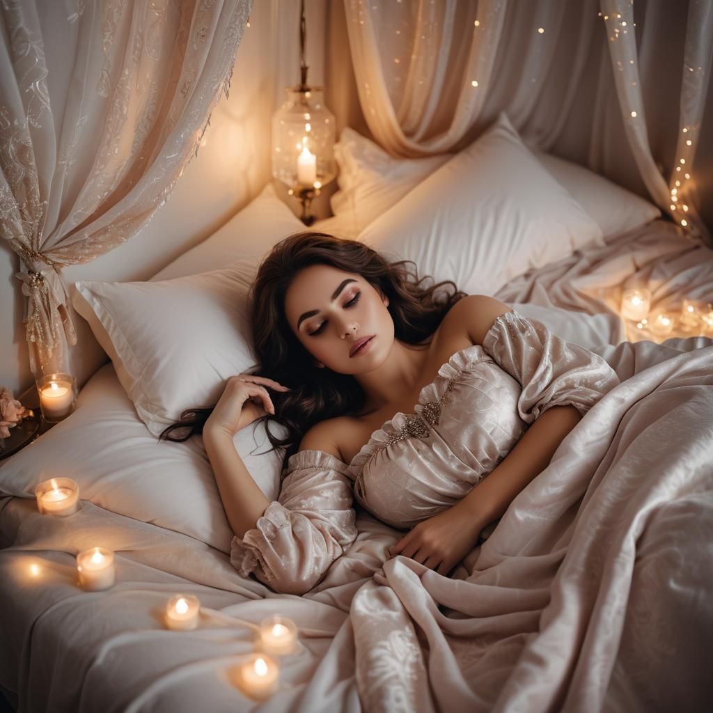 Ethereal Woman in Pastel on Lavish Bed