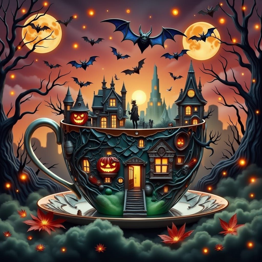 Halloween Town in Teacup Under Moonlight