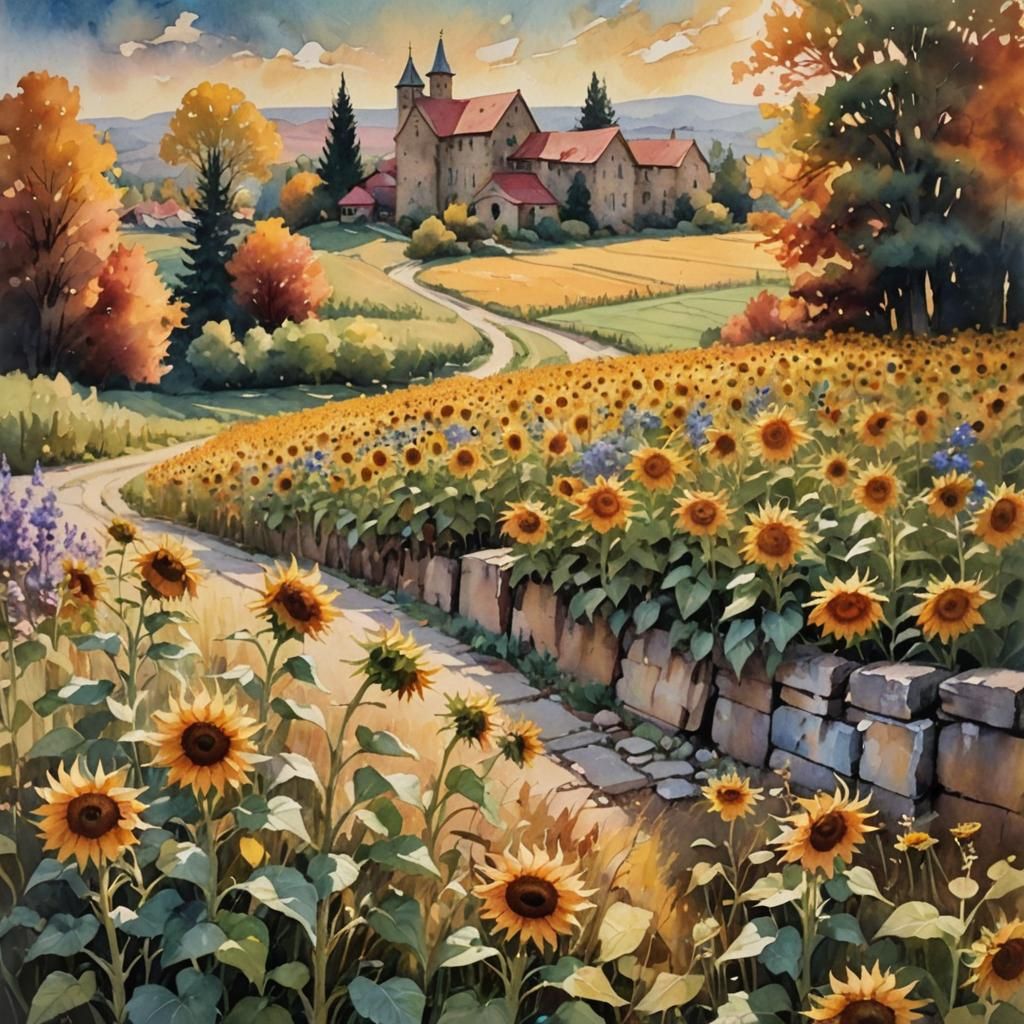 Autumn Cityscape with Sunflowers in Impressionist Style