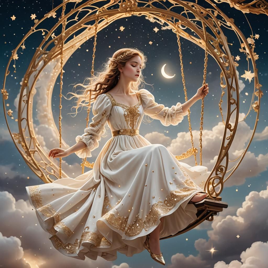 Girl on Moon Swing in Baroque Style