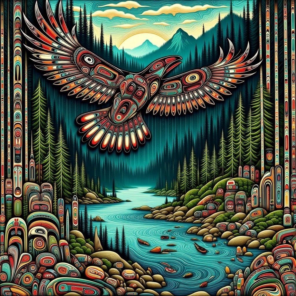 Raven Soaring Over Emerald Forest in Woodlands Style