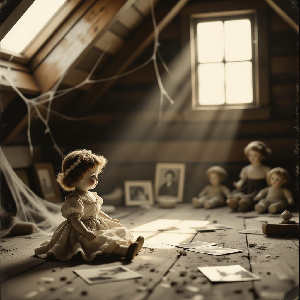Antique Doll in Attic Moonlight, Vintage Daguerreotype Style