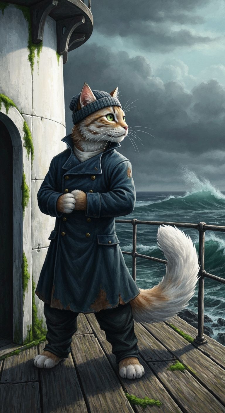 Anthropomorphic cat lighthouse keeper looking out to sea