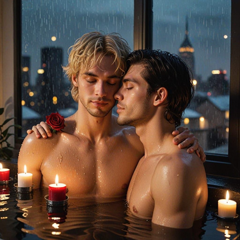 Romantic Spa Scene: Two Men Cuddling in Candlelight