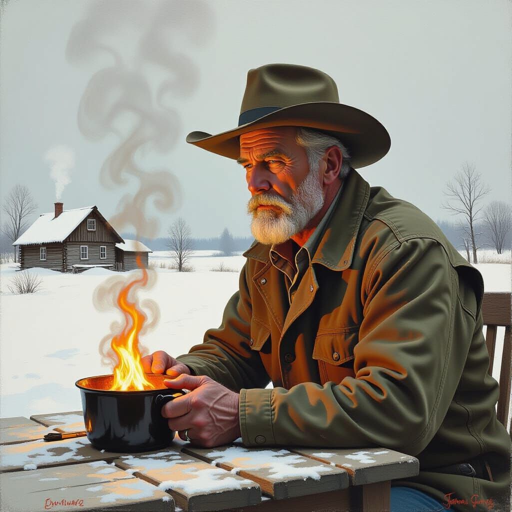 Vibrant Oil Painting of Fiery Element in Icy Landscape