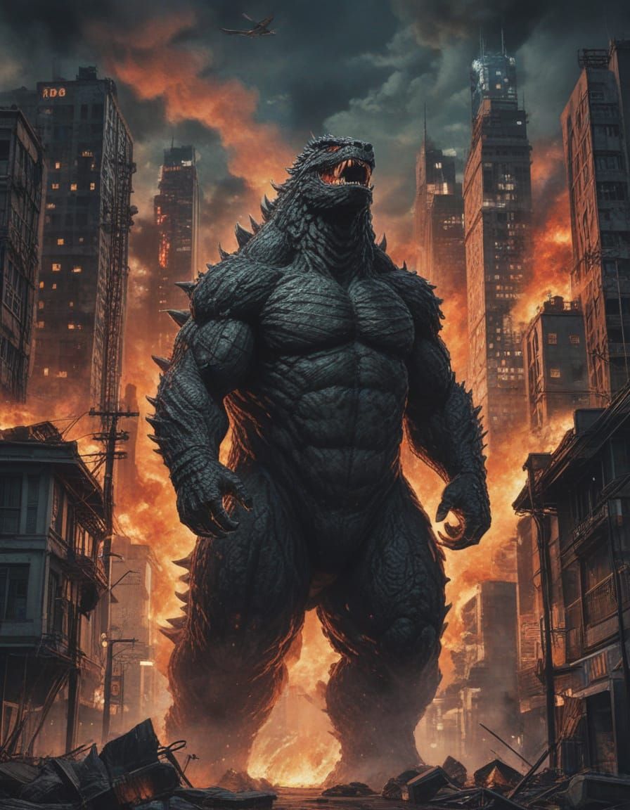 Godzilla in Vintage Anime Style Tokyo Cityscape