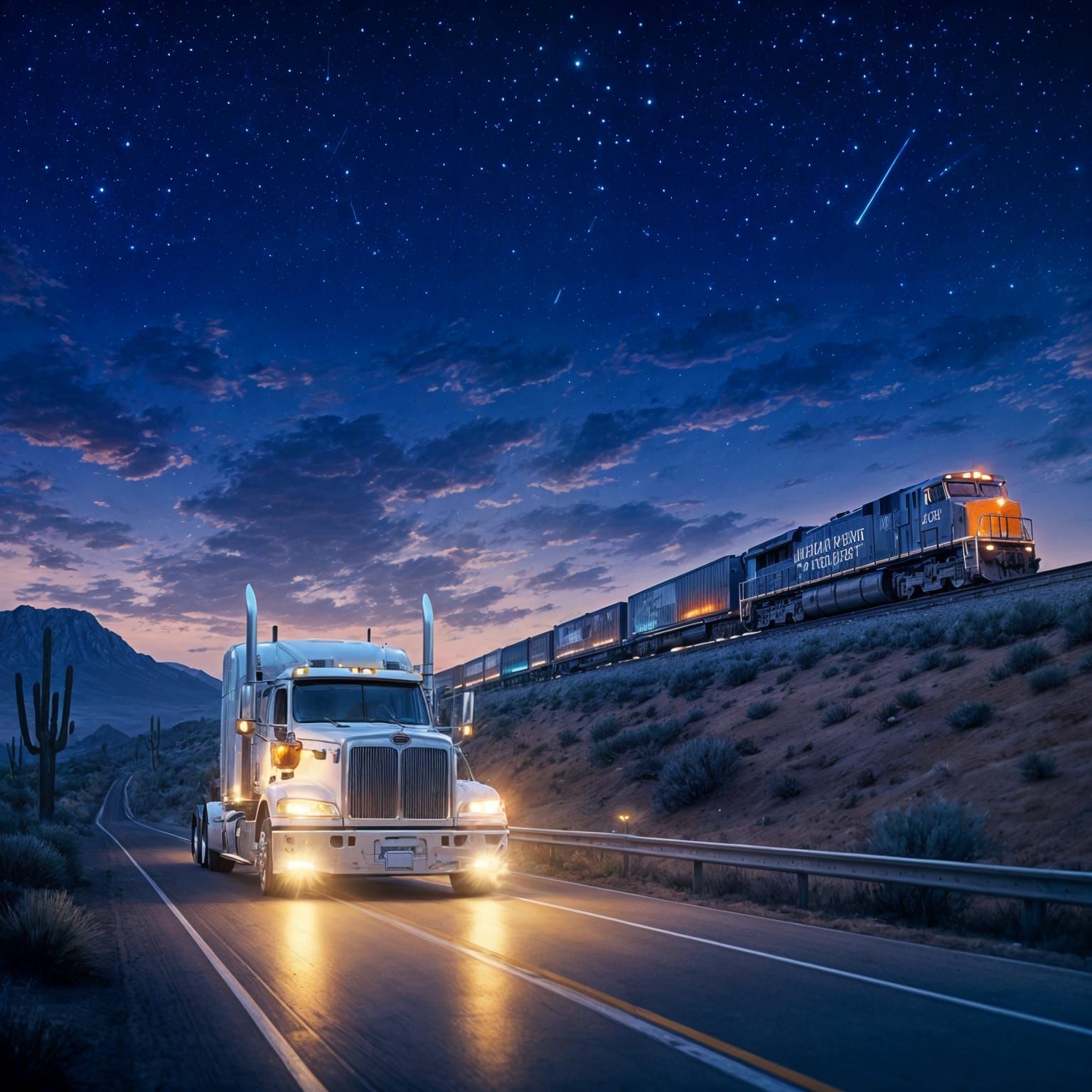 New Mexico Desert Night: Semi-Truck and Train