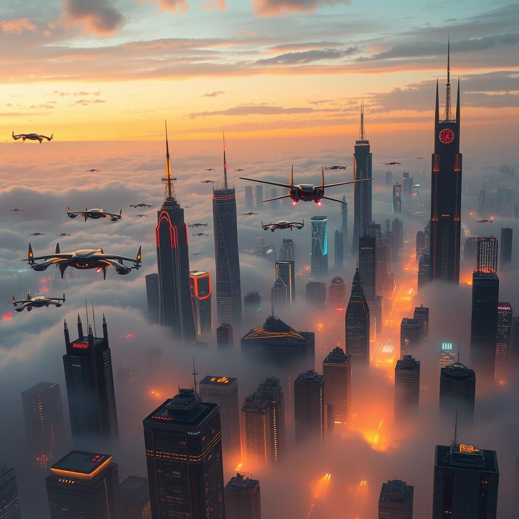 Sleek Futuristic Metropolis at Dusk with Flying Cars