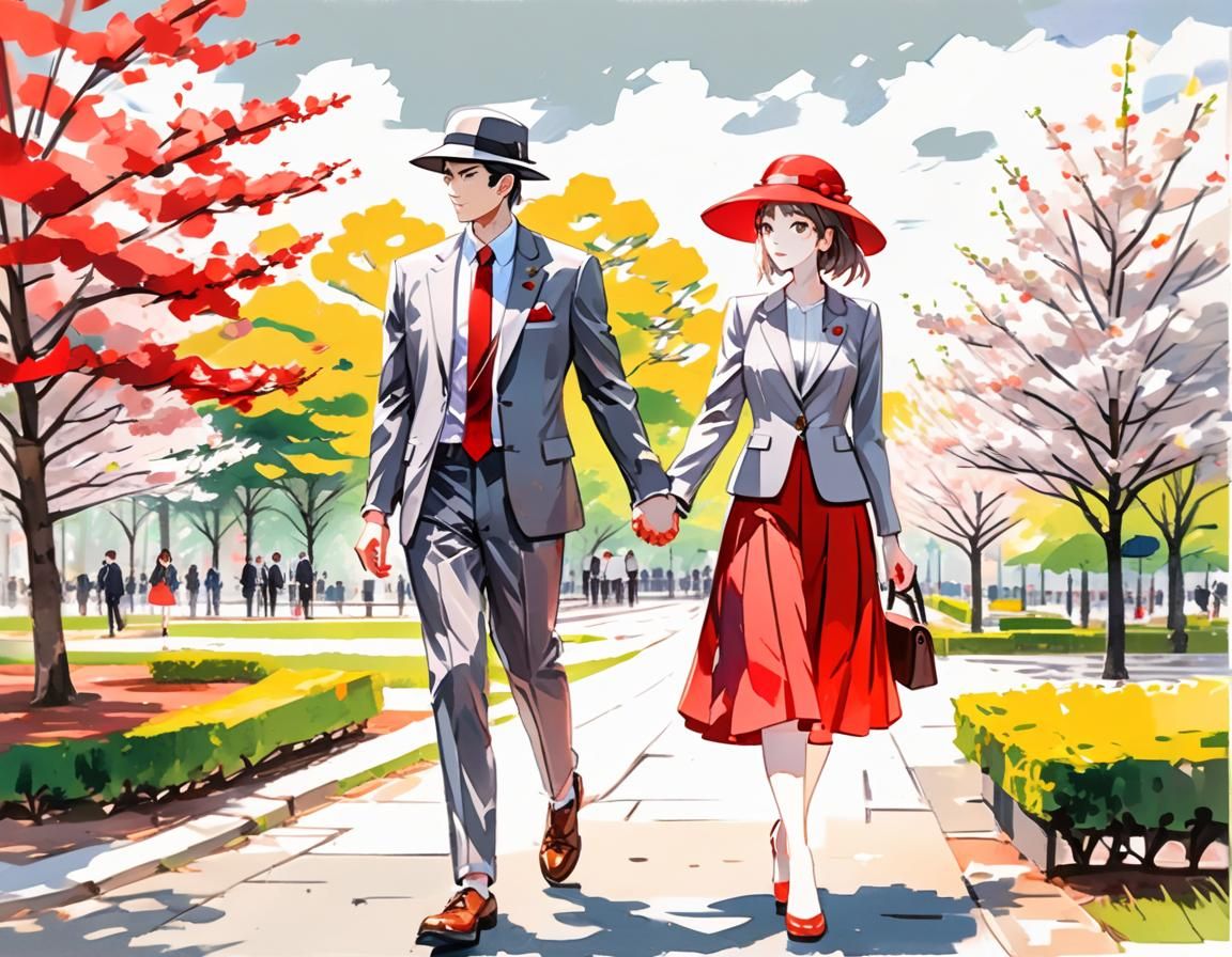 Couple in Spring Park, Gouache Watercolor Style