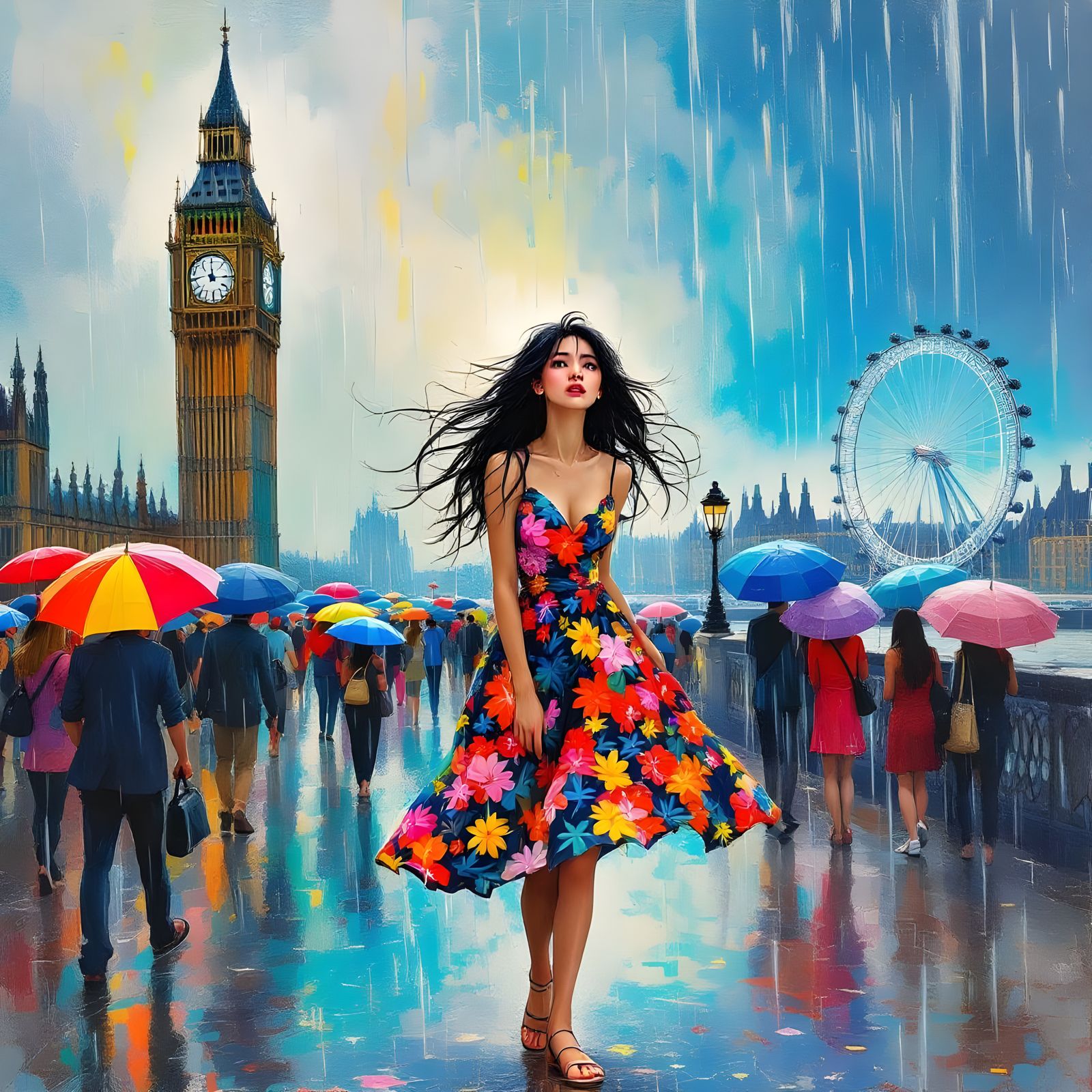 Charming Lady Caught in London Summer Rain
