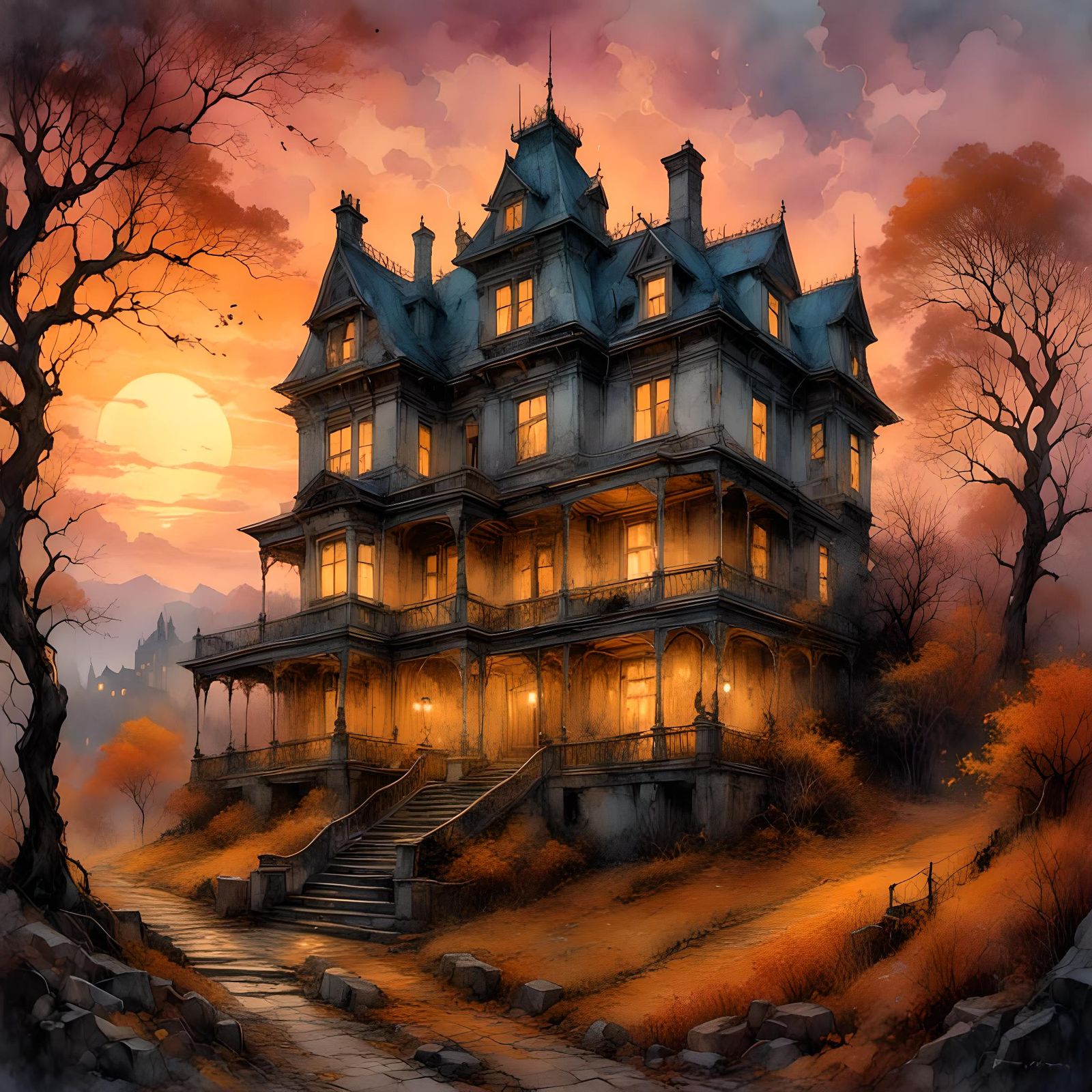 Halloween Landscape in Neon Grunge Watercolor Comic Style
