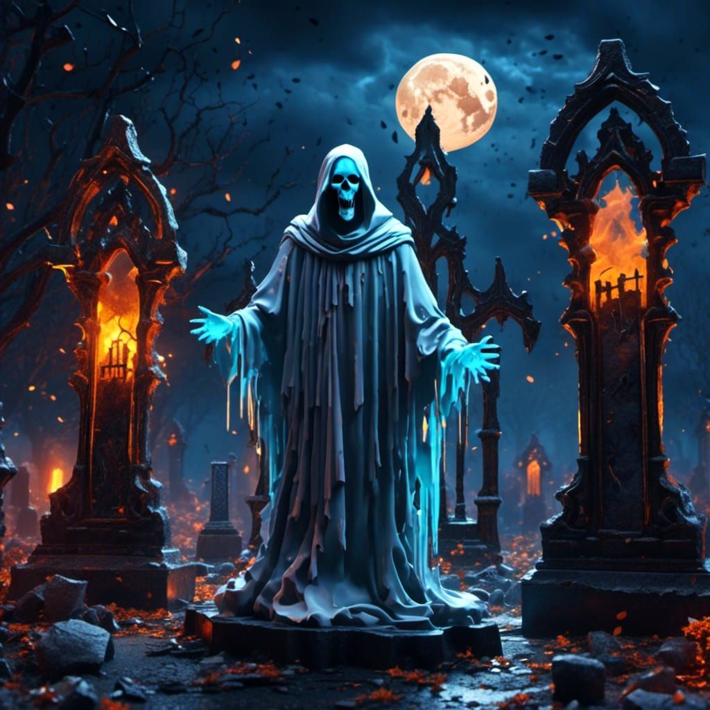 Spooky Ghost in Graveyard: Low-Poly 3D Art