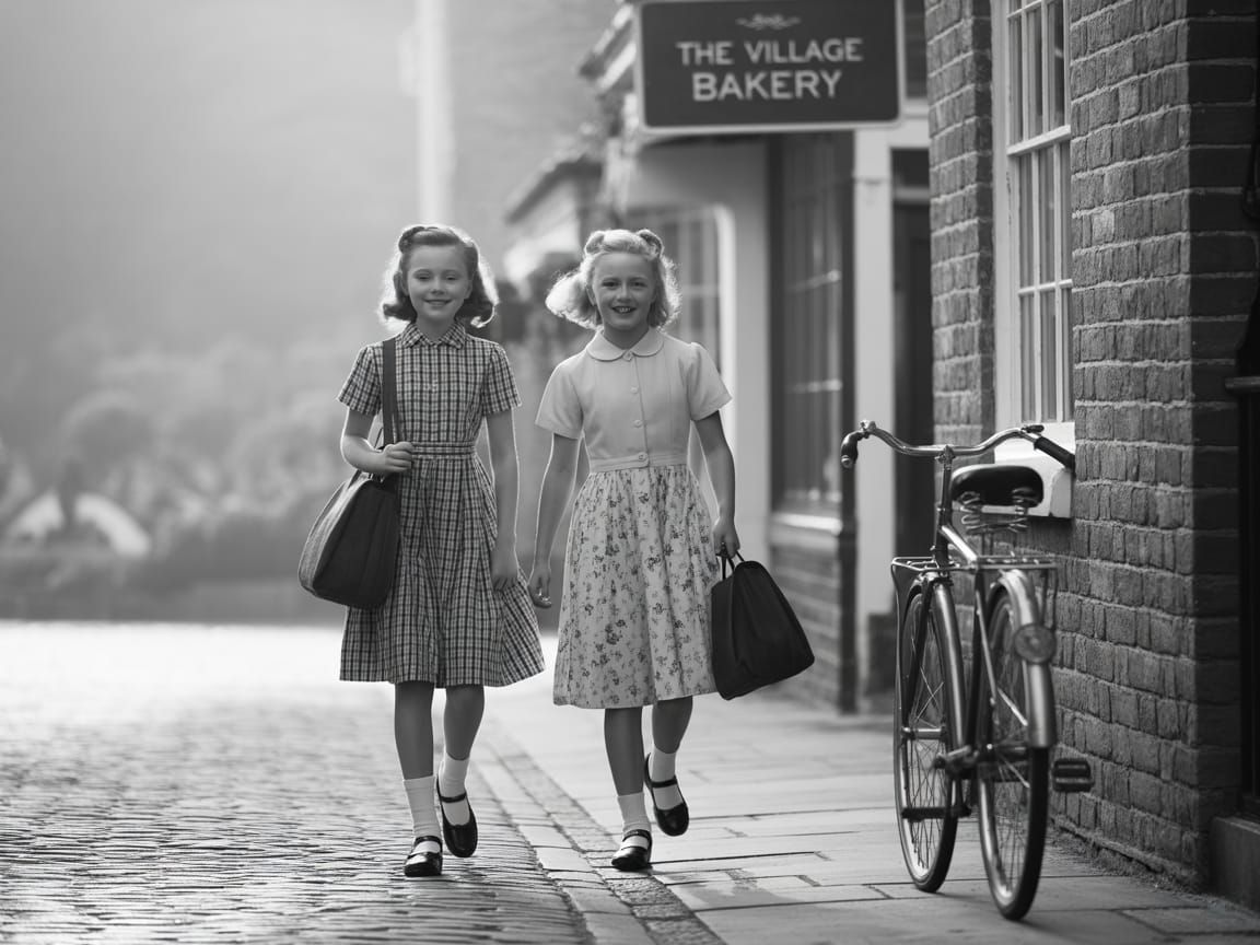 English Village Scene: Girls in 1950s Black and White
