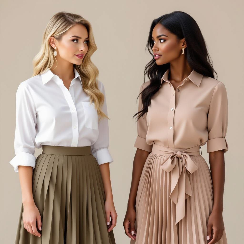 Two Women in Pleated Outfits, One Blonde, One Brunette
