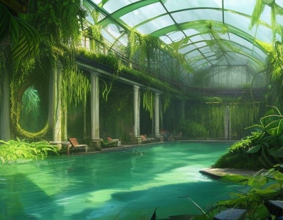 Overgrown Abandoned Pool in Tropical Forest Concept Art