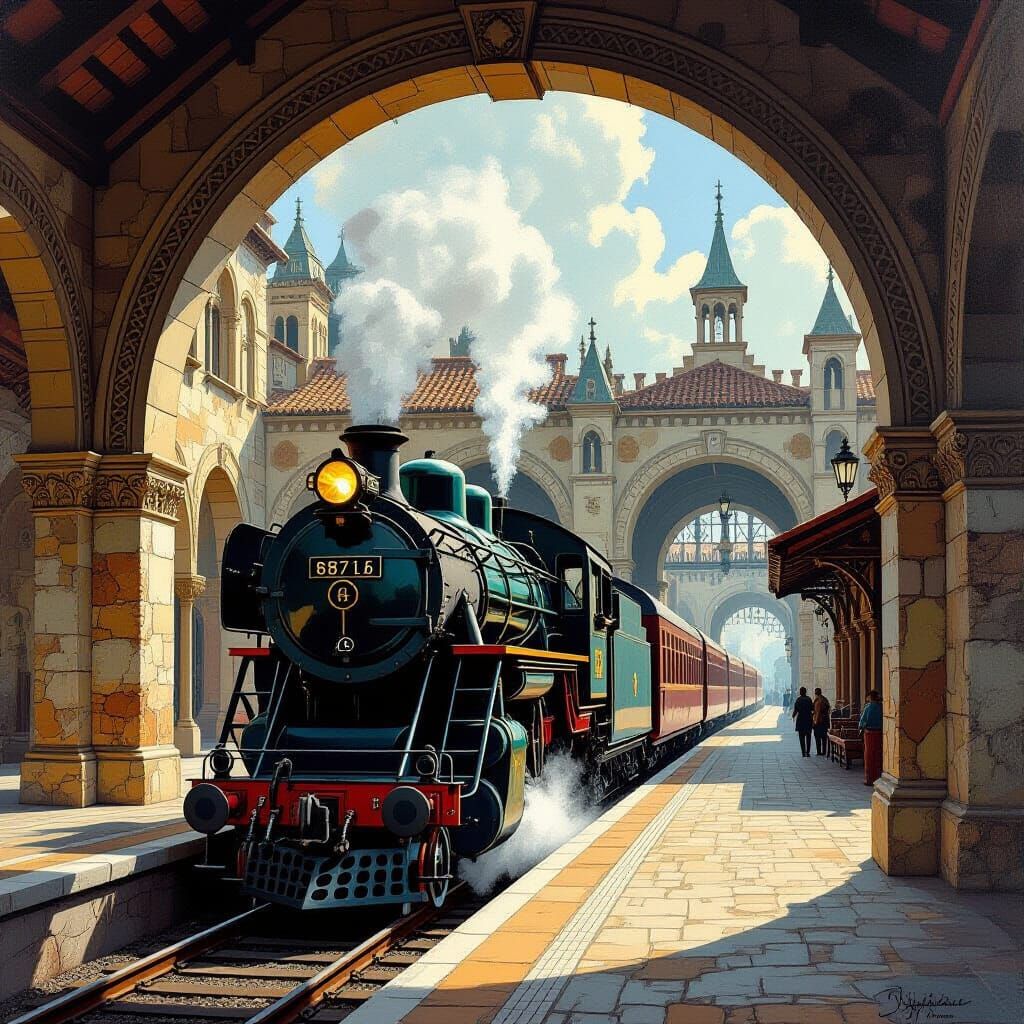 Vintage Train at Medieval Station in Earthy Tones