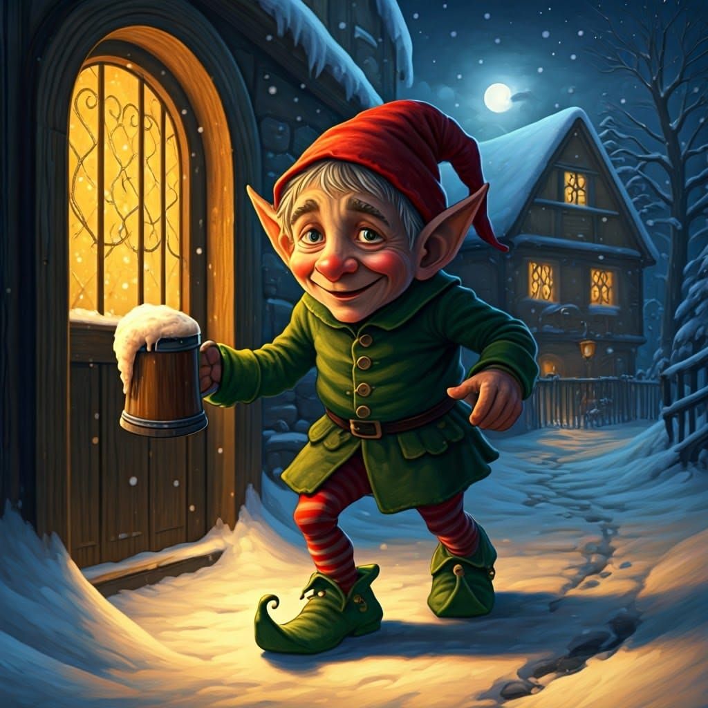 Christmas Elf Stumbles Out of Tavern, Snowy Village Backdrop