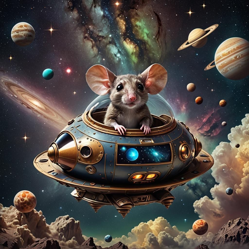 Hyperreal Alien Mouse Soaring Through Starry Cosmos