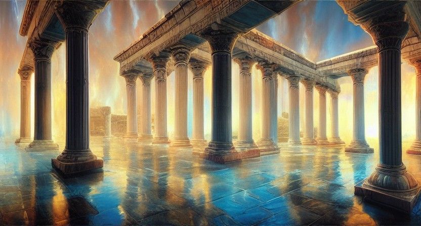 Greek Temple with Colorful Gas Clouds and Reflections