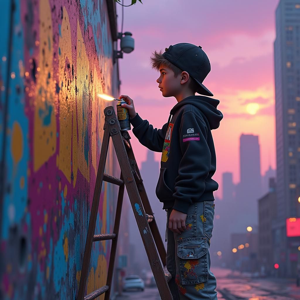 Boy Spray Painting Graffiti Art in Dystopian Cityscape
