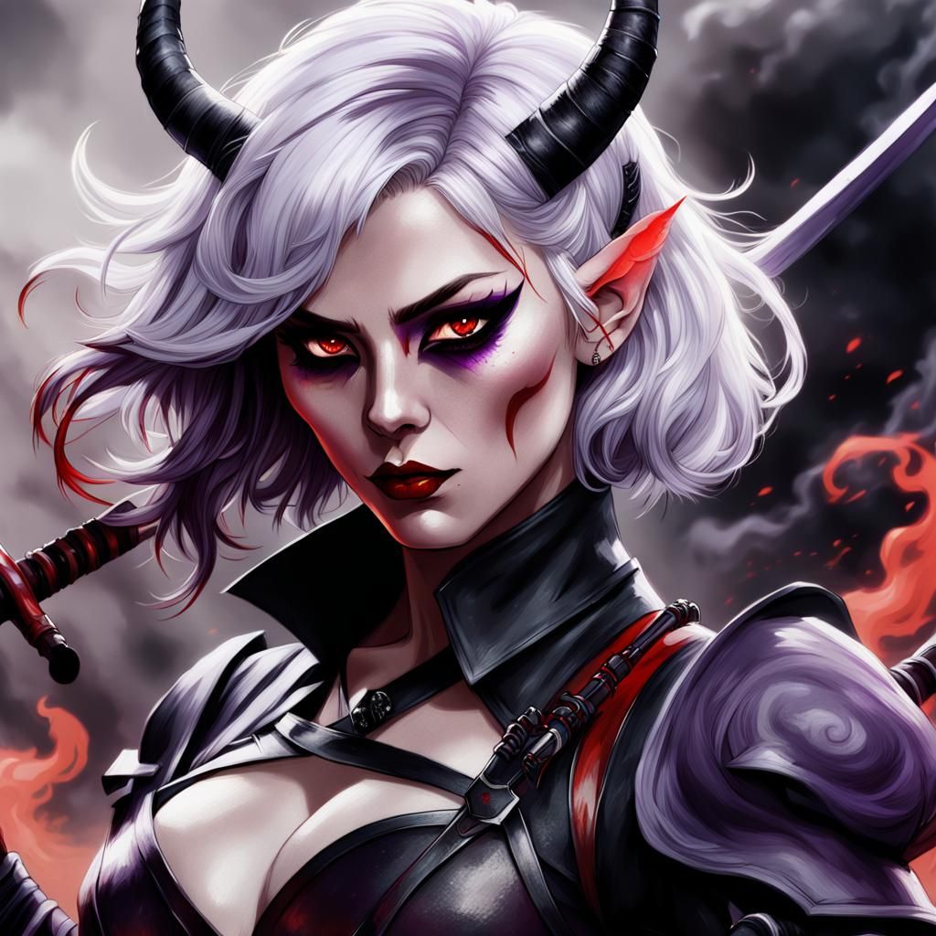 Tiefling Katana Anime Illustration in Dark Fantasy Style