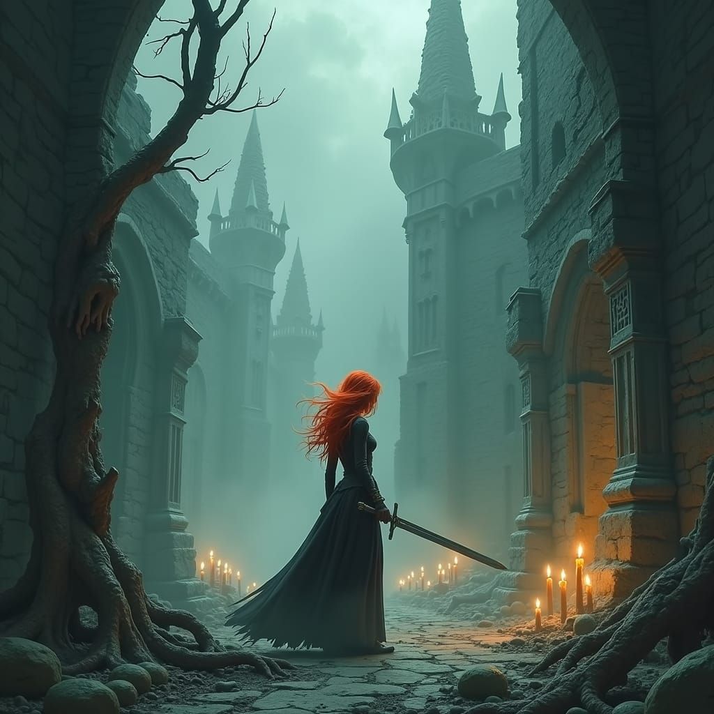 Flame-Haired Warrior in Beksiński-esque Ruined Landscape