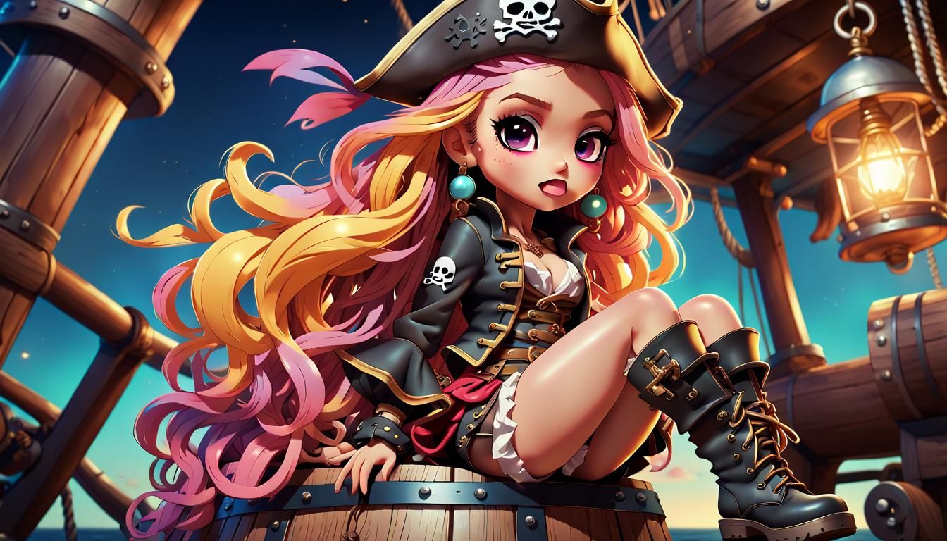 Chibi Bratz Pirate on Ship in Kawaii Anime Style