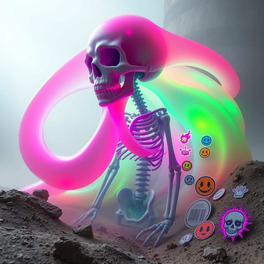 Neon Slime Skeleton in Eerie Futuristic Landscape
