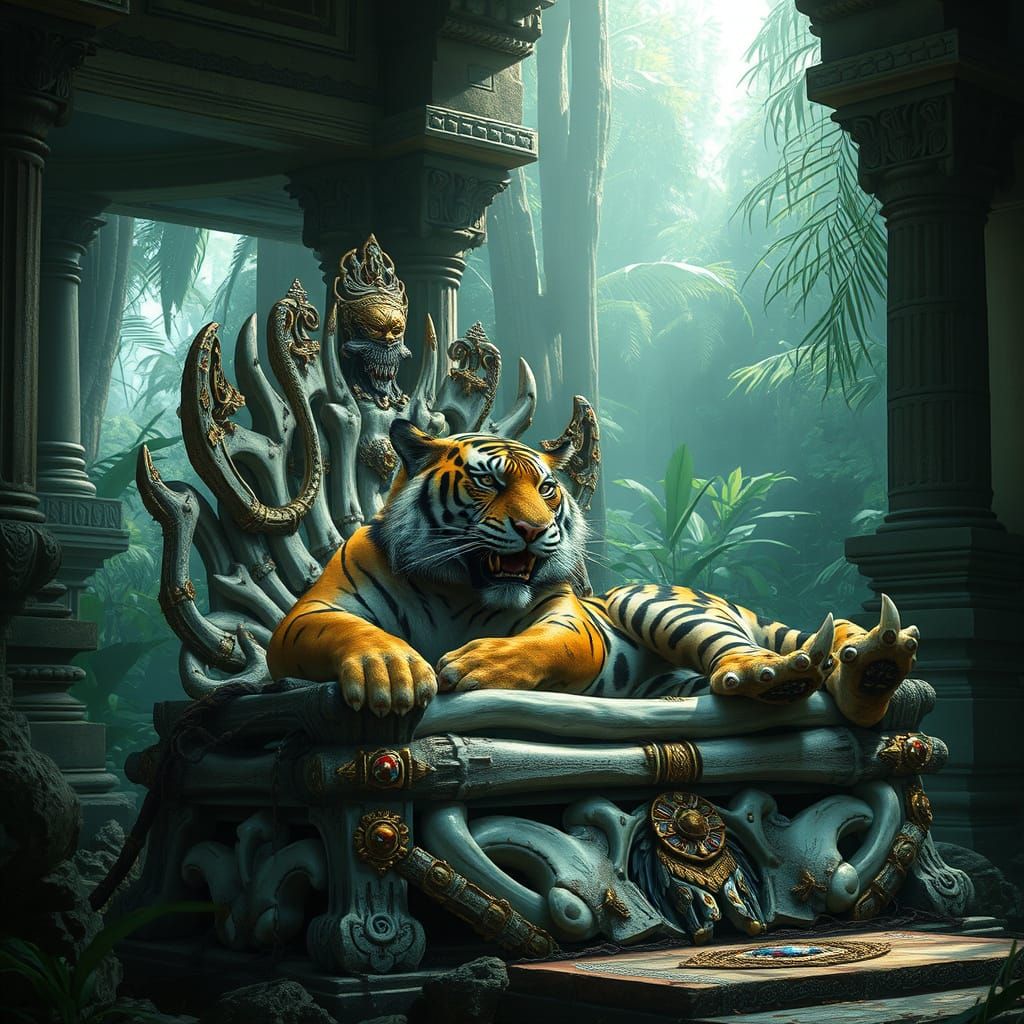 Saber-Toothed Tiger on Bone Throne in Jungle Temple