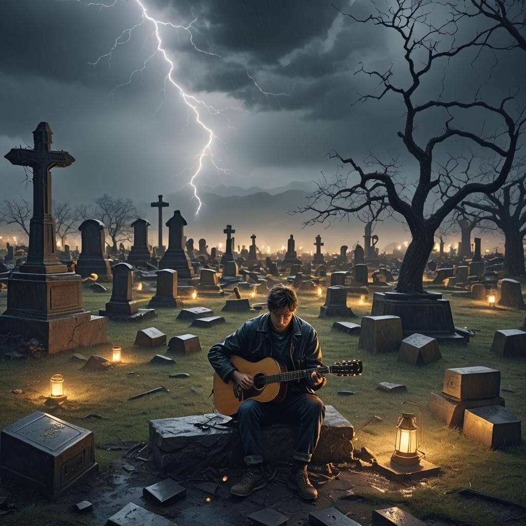 Graveyard Guitarist in Storm: Digital Art