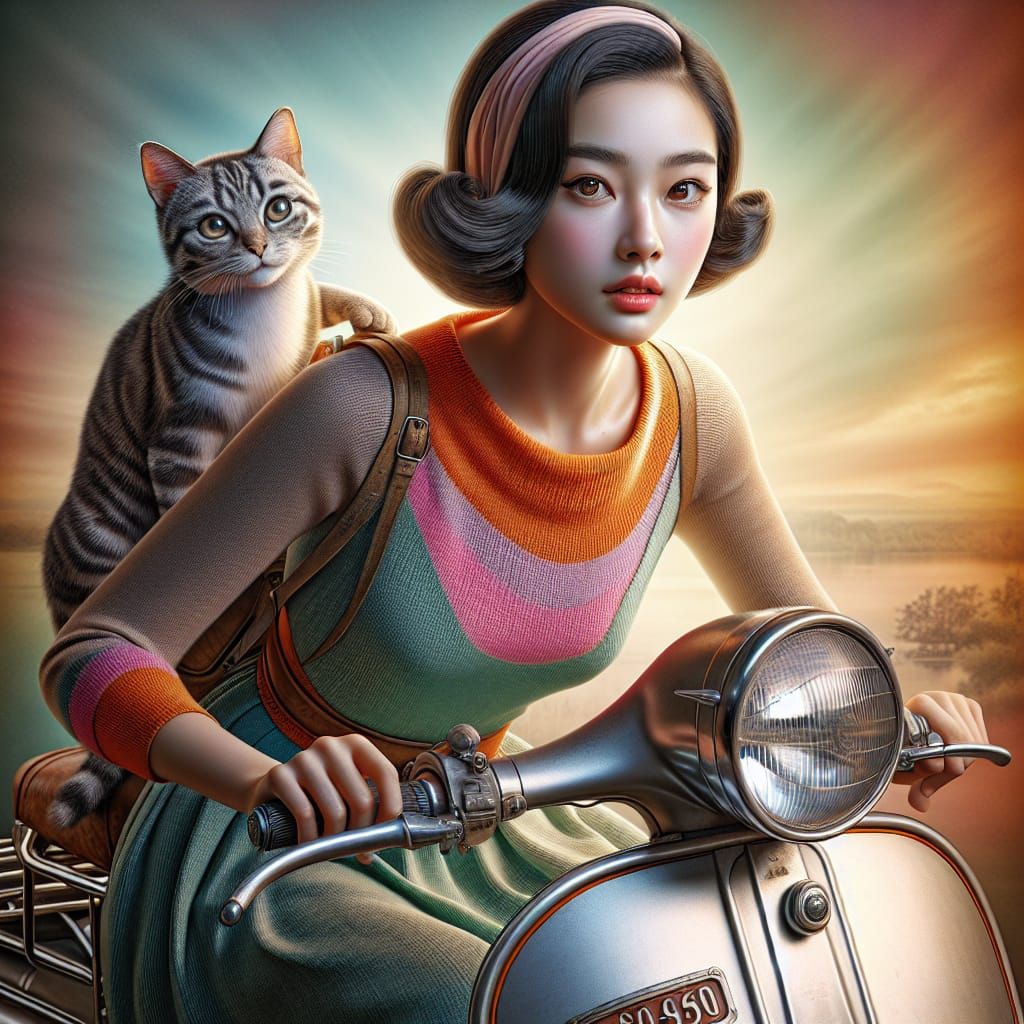 Girl and Cat Moped Ride in Retro Style