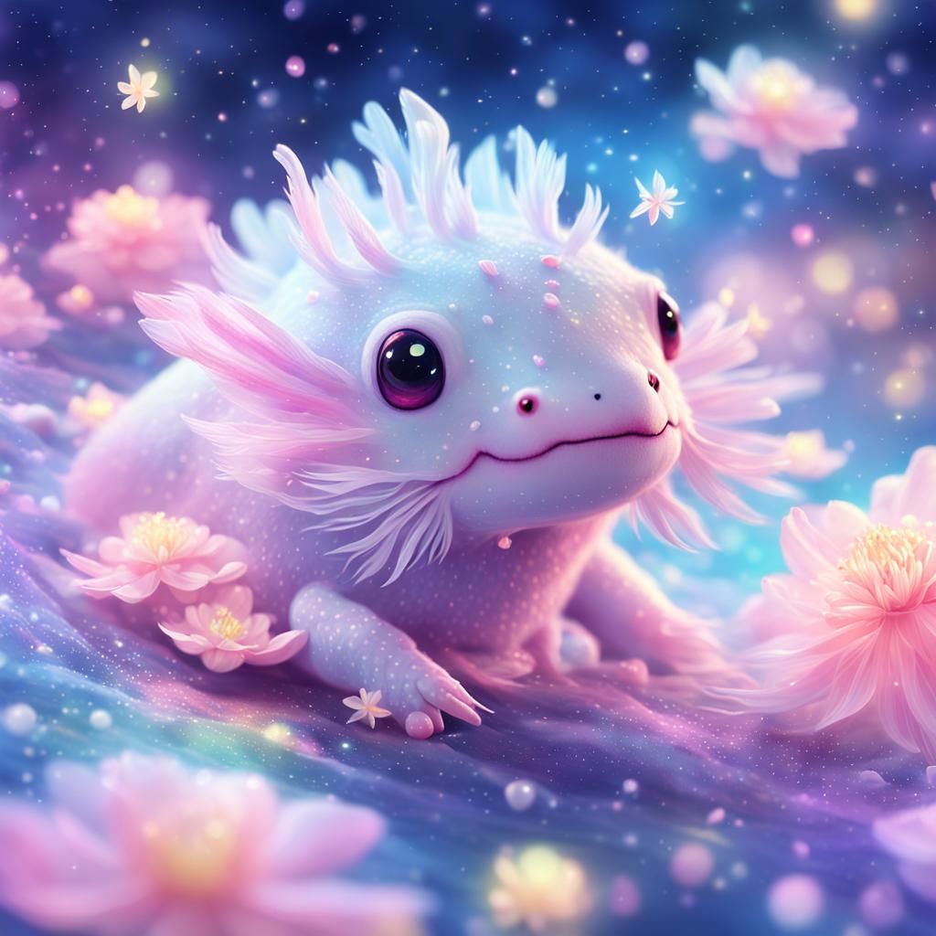 Anime Axolotl Swimming in Space with Flowers
