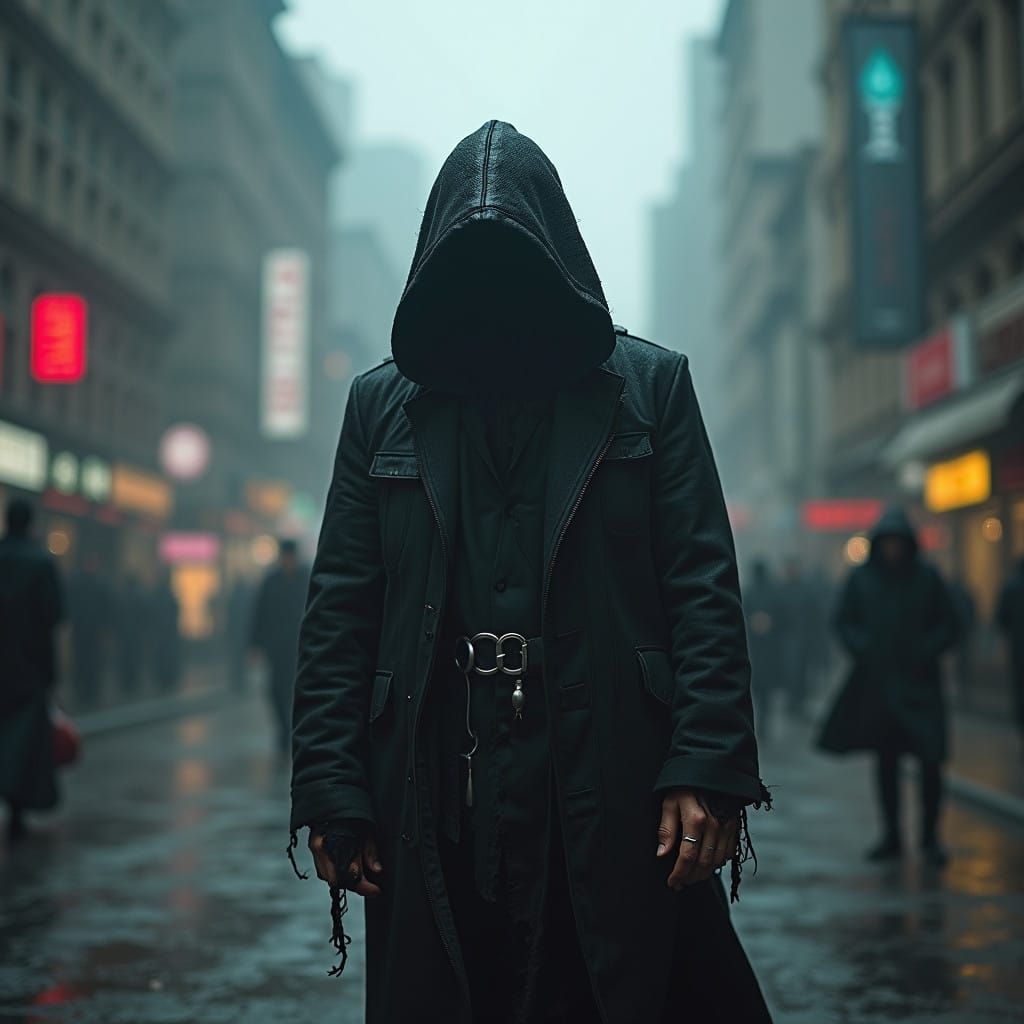 A Submissive Figure in a Haunting, Gothic City