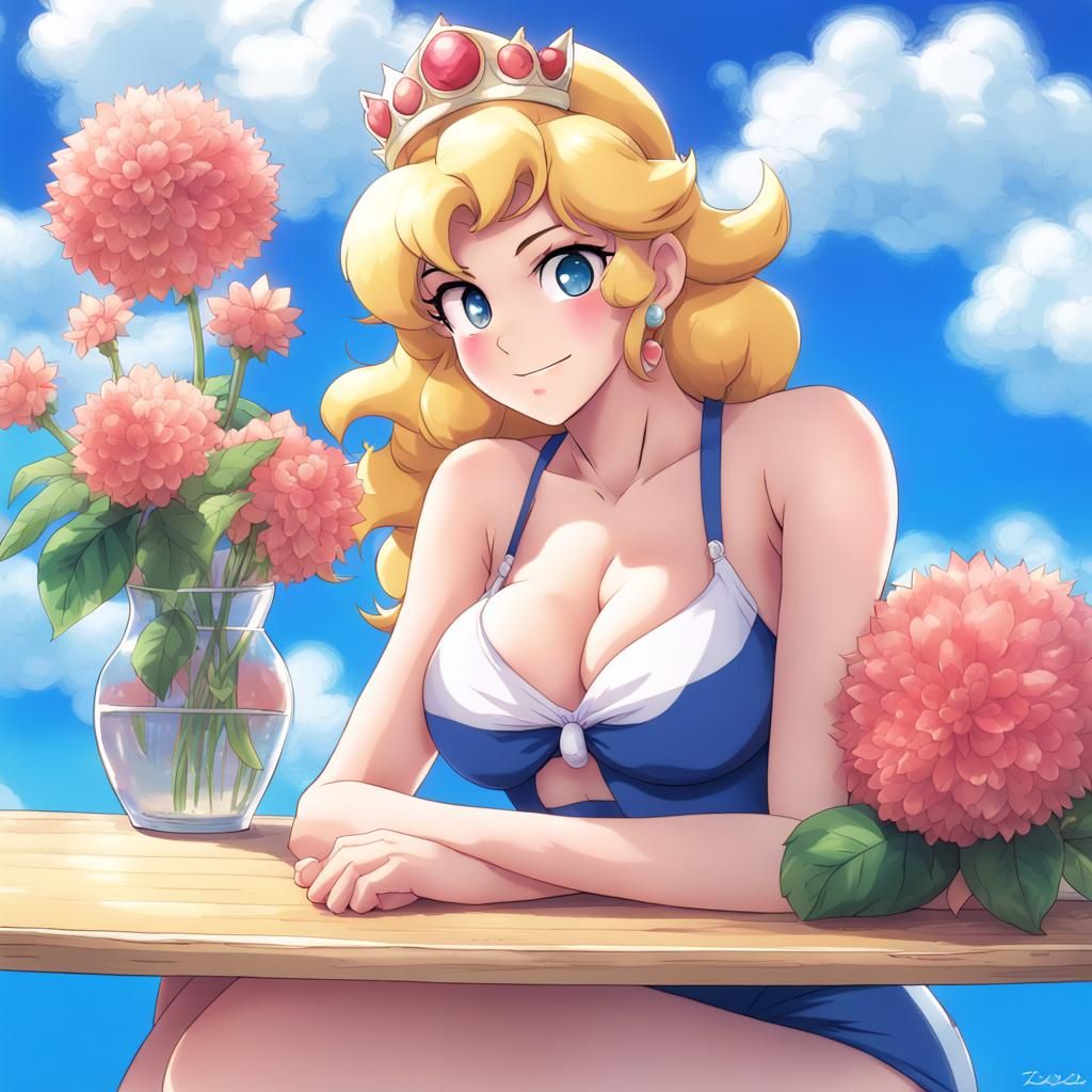 Princess Peach in Anime Style with Blue Sky