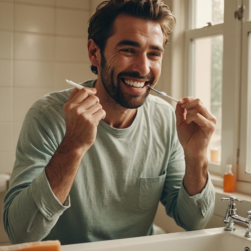 Happy Man Brushing Teeth: Cinematic Film Still