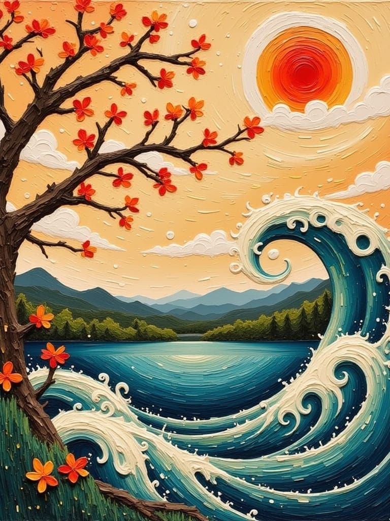 Traditional Japanese Landscape with Swirling Waves and Cherr...