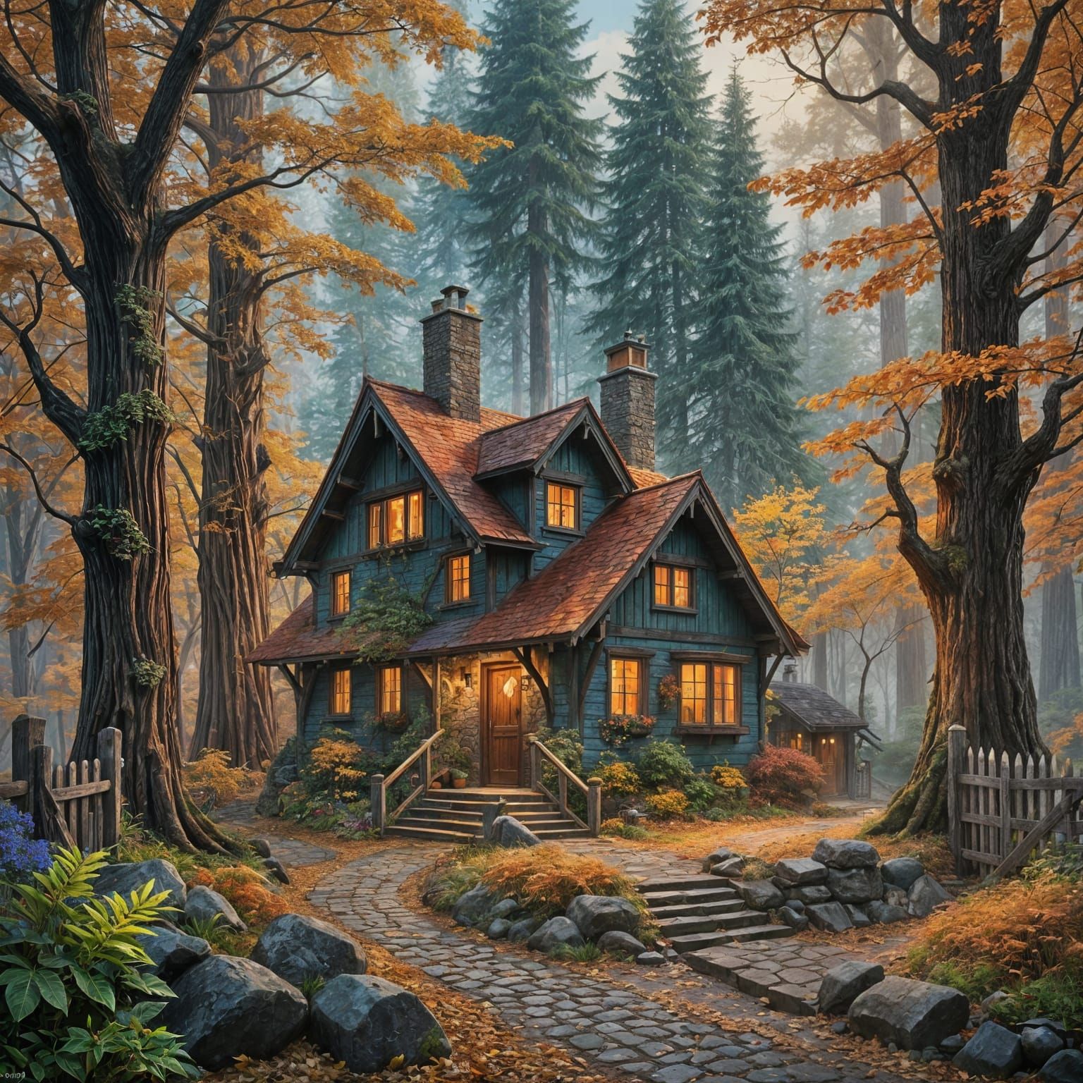 Autumn Forest Cottage in Detailed Matte Painting