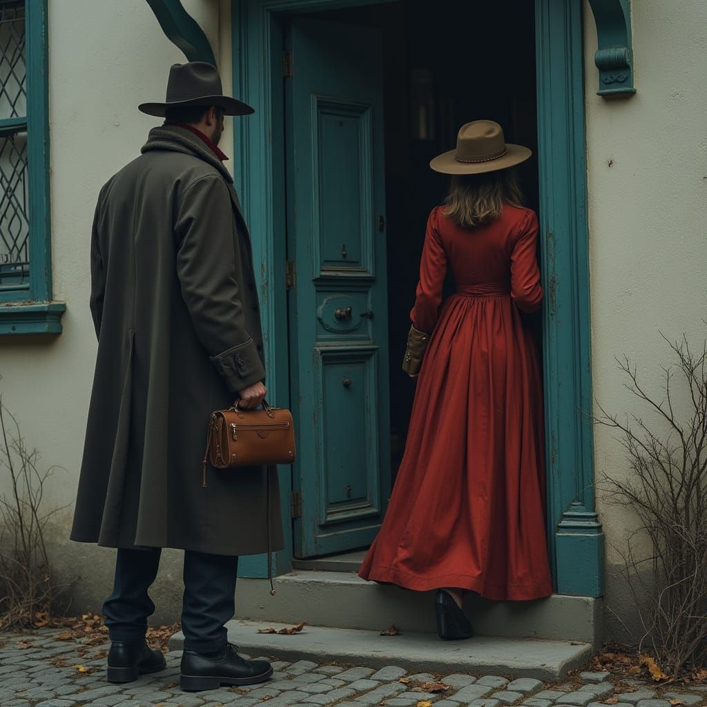 Man Walking Away from Victorian House with Luggage